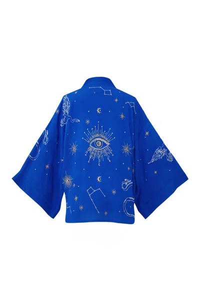 Artemis Muse Women's Cosmos Embroidered Electric Blue, Ivory & Gold Lined Short Kimono
