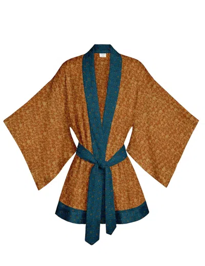 Artemis Muse Women's Gold / Blue One Of A Kind Recyled Sari Kimono Unique Fifty Four In Brown