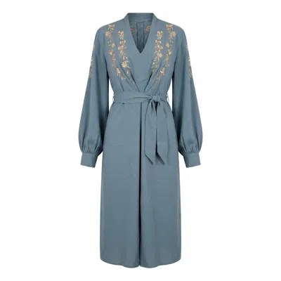 Artemis Muse Women's Japanese Blossoms Metallic Champagne & Blue Embroidery Artemis Dress