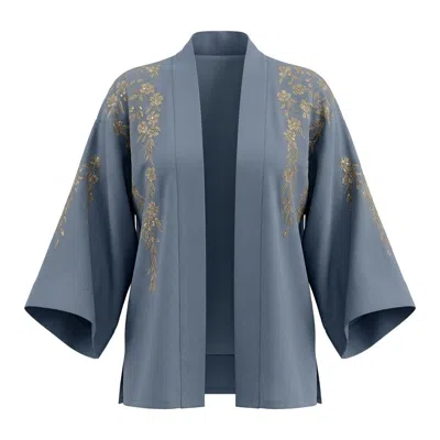Artemis Muse Women's Japanese Blossoms Metallic Champagne & Blue Embroidery Kimono