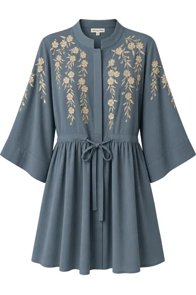 Artemis Muse Women's Japanese Blossoms Metallic Champagne & Blue Embroidery Selene Dress