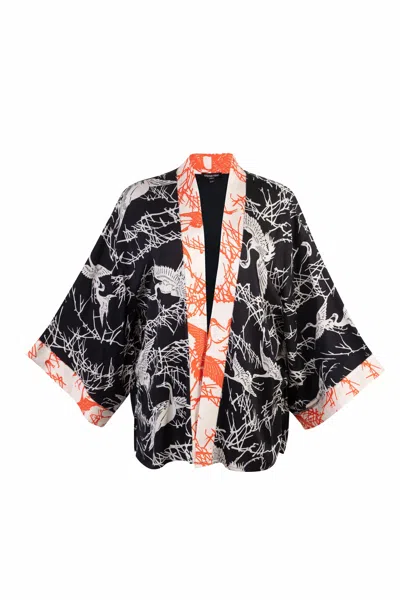 Artemis Muse Women's Japanese Crane Print Black & Ivory Lined Short Kimono