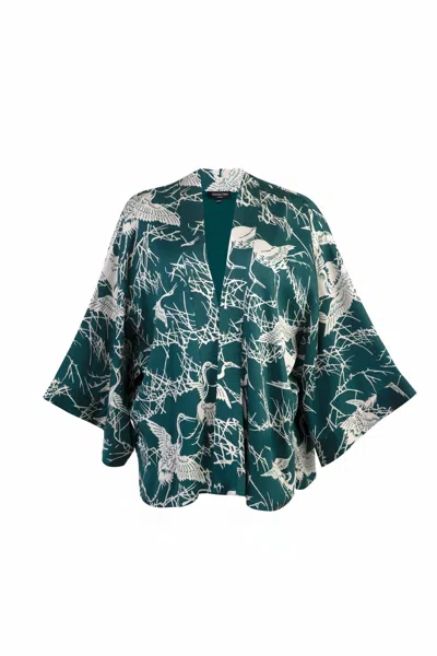 Artemis Muse Women's Japanese Crane Print Emerald Green & Ivory Fully Lined Short Kimono