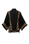 Artemis Muse Women's Japanese Pine Needle Embroidered Black & Gold Fully Lined Short Kimono In Black