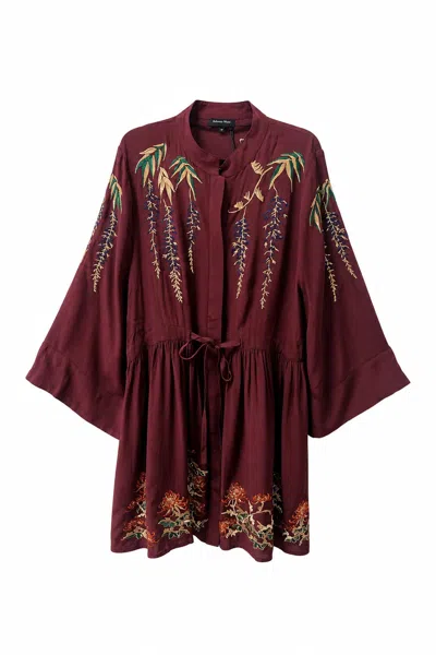 Artemis Muse Women's Red Metallic Wisteria Embroidery Crepe Selene Dress