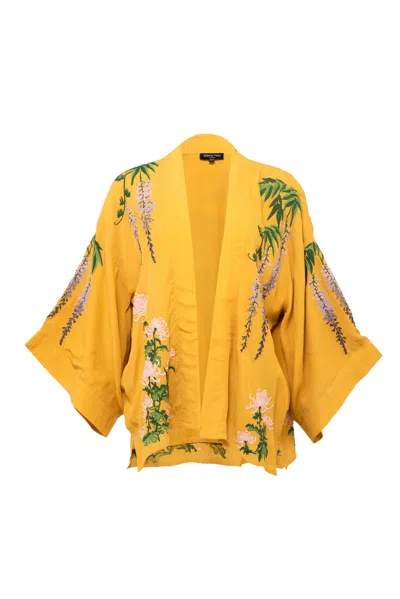 Artemis Muse Women's Wisteria & Chrysanthemum Embroidered Mustard Lined Short Kimono In Yellow