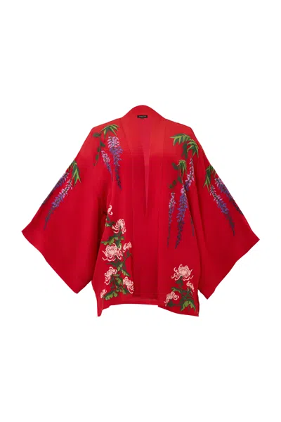 Artemis Muse Women's Wisteria & Chrysanthemum Embroidered Red Fully Lined Short Kimono