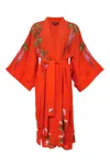 Artemis Muse Women's Wisteria & Chrysanthemum Embroidered Terracotta Fully Lined Long Kimono In Red