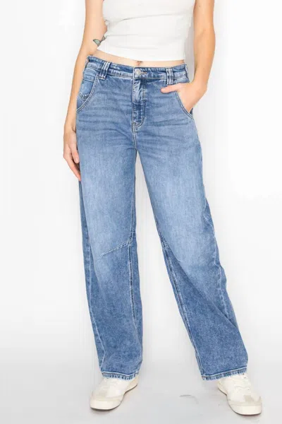 Artemis Vintage Adjustable Waistband Relaxed Barrel Fit Jeans In Medium Stone Wash In Blue