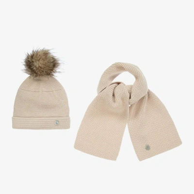 Artesania Granlei Babies' Beige Knitted Hat & Scarf Set