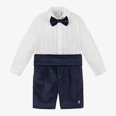 Artesania Granlei Babies' Boys Navy Blue Velvet Shorts Set In White