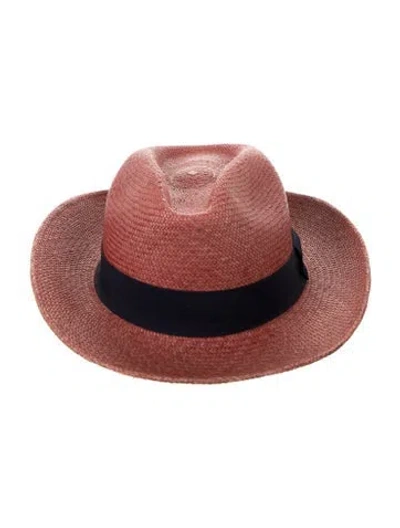 Pre-owned Artesano Solid Straw Fedora In Red