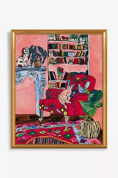 Artfully Walls Pink Matisse Interior Folk Art Chair And Sleeping Ginger Cat