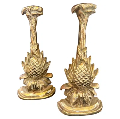 Pre-owned Arthur Court 1970s Solid Cast Patinated Brass Pineapple Bookends Hollywood Regency In Brown