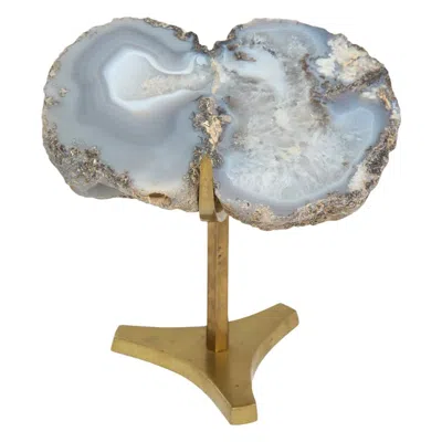 Pre-owned Arthur Court Agate Geode Sculpture On Brass Stand, Mid-century Modern In Gray
