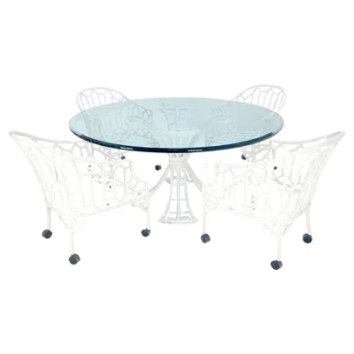 Pre-owned Arthur Court Cast Aluminum Faux Bamboo 4 Arm Chairs 60" 3/4" Glass Top Dining Table Set Mint! In Gray
