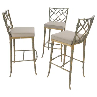 Pre-owned Arthur Court Cast Aluminum Set Of 3 Faux Bamboo Bar Stools New Alcantera Fabric Upholstery In Gray