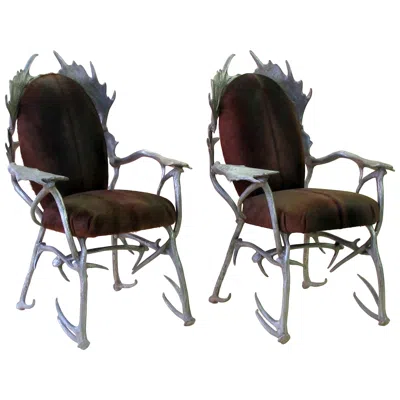 Pre-owned Arthur Court Fanciful Pair Of American Aluminum Antler Armchairs Designed By  In Black
