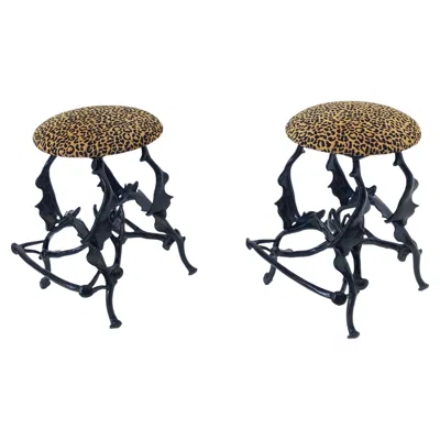 Pre-owned Arthur Court Pair Of Black Powder Coated Faux Antler Bar Stools By