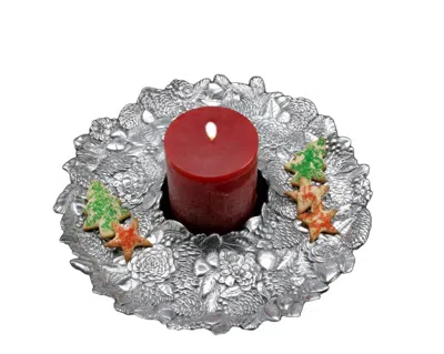 Arthur Court Pinecone Wreath 14" Round Tray In Silver In Multi