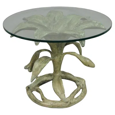 Pre-owned Arthur Court Vintage  Green Verdigris Gilt Bronze & Glass Lily Flower Side Table