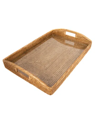 Artifacts Trading Company Artifacts Rattan 21" Rectangular Tray With Glass Insert In Medium Brown