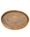 Artifacts Trading Company Artifacts Rattan Round Serving-ottoman Tray With Glass Insert In Medium Brown