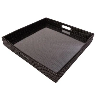 Artifacts Trading Company ™ Artifacts Rattan Square Serving Ottoman Trays With Glass Insert In Black