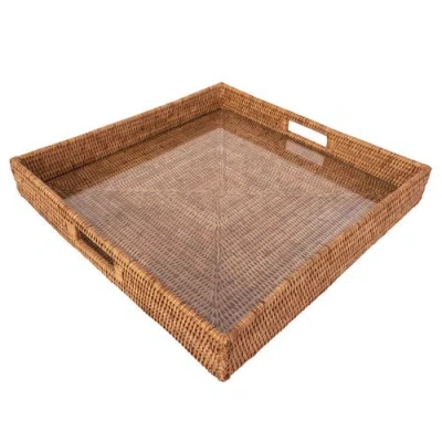 Artifacts Trading Company ™ Artifacts Rattan Square Serving Ottoman Trays With Glass Insert In Brown