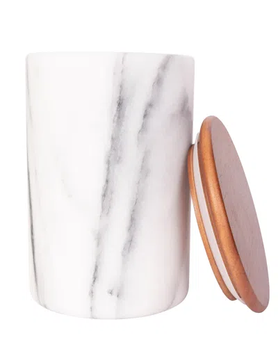 Artifacts Trading Company Marble Storage Canister With Sealed Wood Top, 5" X 6" In White Matte