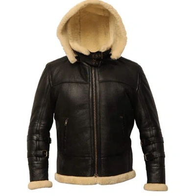 Pre-owned Artisan Bliss B3 Black Bomber Fur Shearling Leather Jacket Removable Hooded