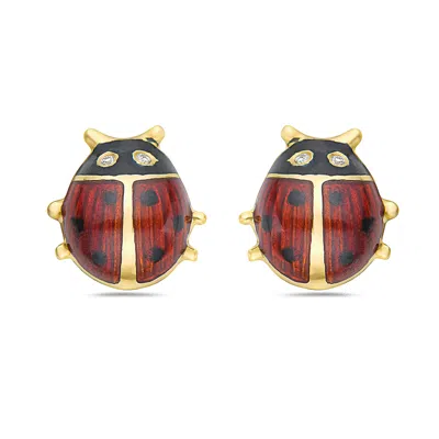 Artisan Gold / White Ladybug Enamel Stud Earrings With Diamonds In Yellow Gold In Multi