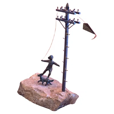 Pre-owned Artisan House Curtis Jeré Bronze Figural Sculpture Of Boy Flying Kite With Dog On Quartz 1970s In Gold