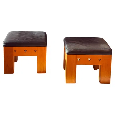 Pre-owned Artisan House Pair Of Low Wooden Stools With Leather Seats, 1970s In Brown