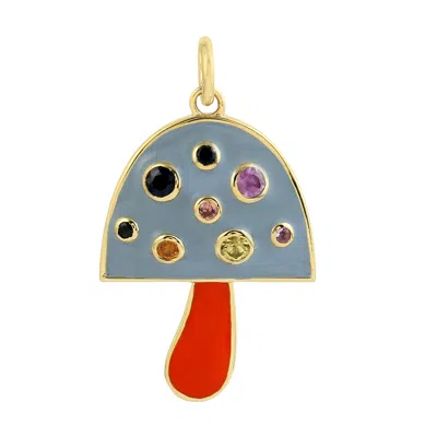Artisan Women's 14k Gold Mushroom Pendant With Multi Sapphire Gemstones & Enamel
