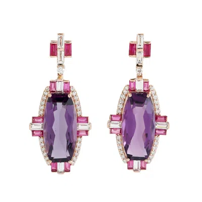 Artisan Women's 14k Rose Gold Amethyst, Ruby, Sapphire & Diamond Art Deco Earrings