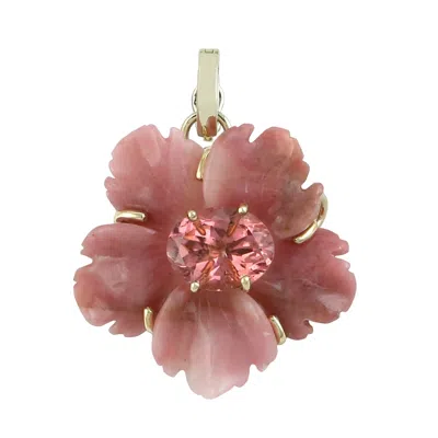 Artisan Women's 14k Yellow Gold Carved Onyx & Pink Tourmaline Flower Pendant