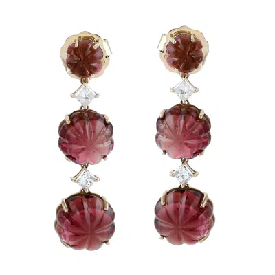 Artisan Women's 14k Yellow Gold Carved Pink Tourmaline & Diamond Triple Drop Earrings