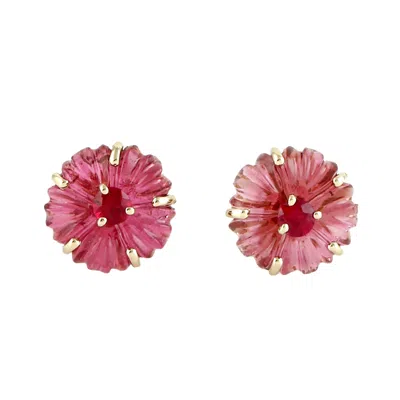 Artisan Women's 14k Yellow Gold Carved Pink Tourmaline & Ruby Flower Stud Earrings