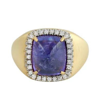 Artisan Women's 14k Yellow Gold Cushion-cut Tanzanite Cabochon & Diamond Halo Ring