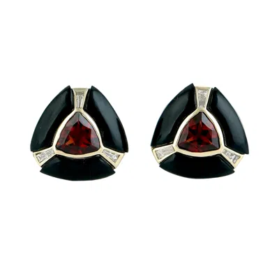Artisan Women's 14k Yellow Gold Garnet, Black Onyx & Diamond Trillion Stud Earrings