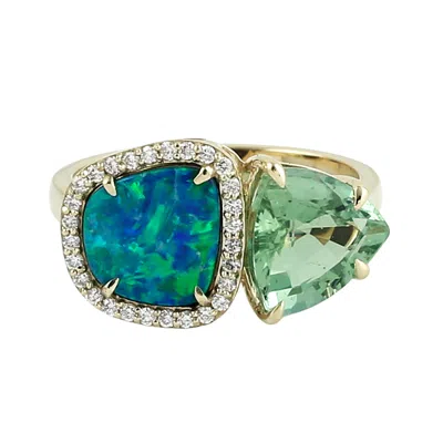 Artisan Women's 14k Yellow Gold Green Tourmaline, Opal Doublet & Diamond Toi Et Moi Ring In Multi