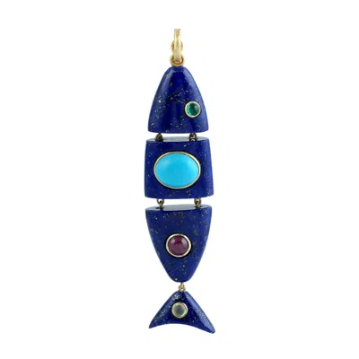 Artisan Women's 14k Yellow Gold Lapis Lazuli Fish Pendant With Turquoise, Emerald, Ruby & Moonstone In Multi