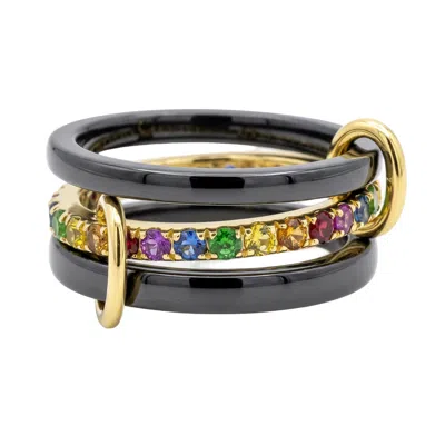 Artisan Women's 14k Yellow Gold Multicolor Sapphire, Tsavorite & Black Ceramic Statement Ring