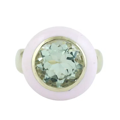 Artisan Women's 14k Yellow Gold Pink Enamel & Green Amethyst Halo Cocktail Ring