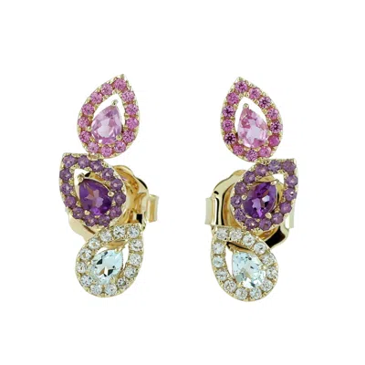 Artisan Women's 14k Yellow Gold Pink Sapphire, Amethyst & Blue Topaz Stud Earrings