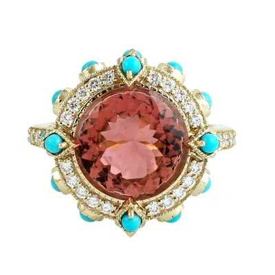 Artisan Women's 14k Yellow Gold Pink Tourmaline, Turquoise & Diamond Halo Statement Ring In Multi