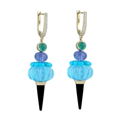 Artisan Women's 14k Yellow Gold Swiss Blue Topaz, Emerald, Tanzanite, Carved Turquoise & Diamond Huggie Earr