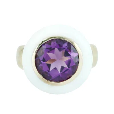 Artisan Women's 14k Yellow Gold White Enamel & Amethyst Halo Cocktail Ring