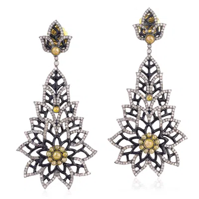 Artisan Women's 18k Gold & Silver Diamond & Black Enamel Floral Drop Earrings In Metallic